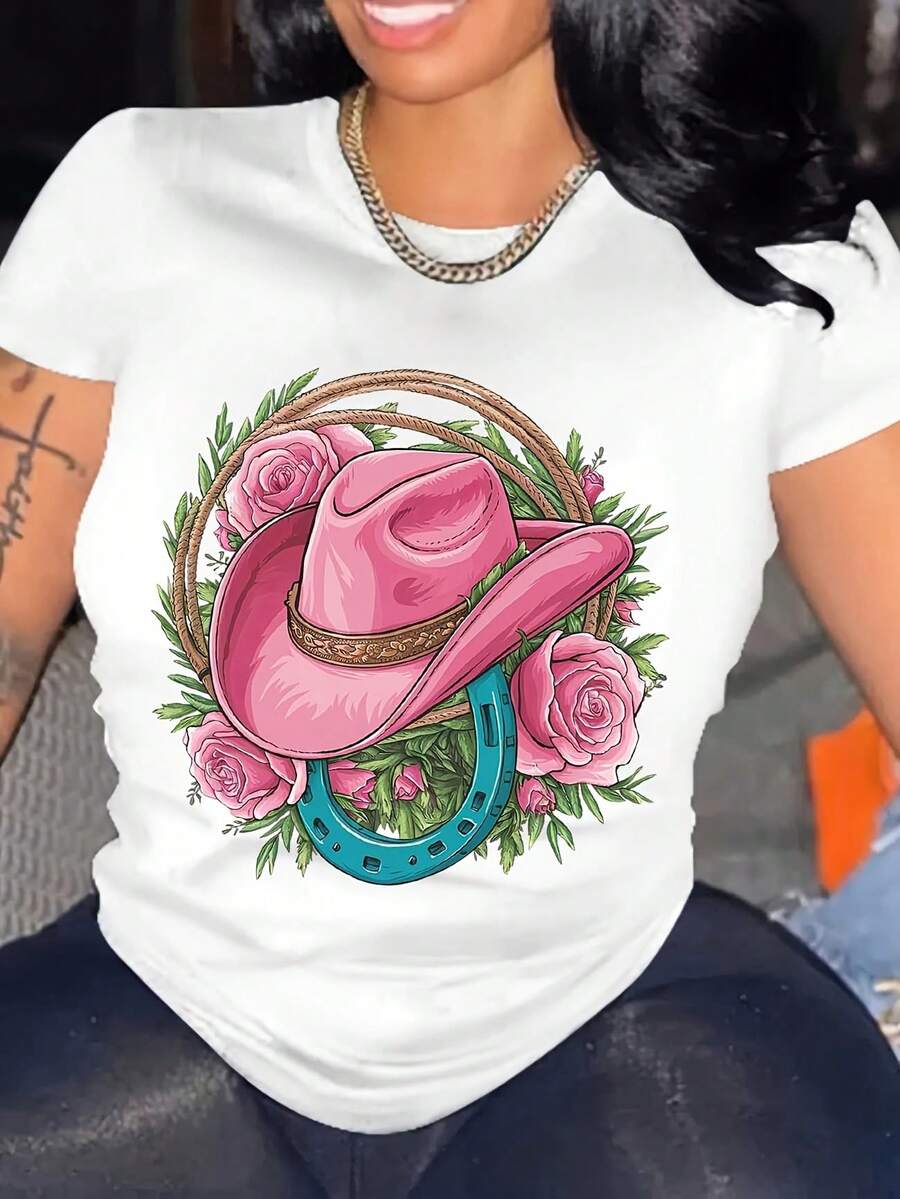 1pc Women's Vintage Trailblazer Western Cowgirl Print Short Sleeve T-Shirt - Pink & White Graphic Tee With Floral Roses, Horseshoe & Cowboy Hat Design, Breathable Regular Fit Round Neck Casual Top - White - View 1