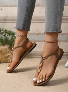 Sandalias de dedo bohemias de mujer con cuentas, estilo romano tejido, para playa, vacaciones, uso en interiores, primavera/verano