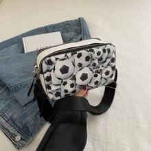 1 pieza Bolso de cámara de piel de PU bicolor con estampado de fútbol, bolso cuadrado pequeño tipo vintage para hombro/cruzado, adecuado para niñas, mujeres, estudiantes universitarios, ideal para viajar, compras, ir al trabajo