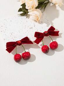 2 件优雅可爱的樱桃水果发夹，适合日常、学校、度假 - 紅色 - 查看 3