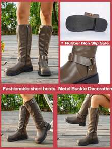 planare 女士时尚休闲侧拉链搭扣机车靴，粗跟西部靴，女士橡胶鞋秋冬过膝长靴，派对靴