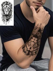 8 miếng dán hình xăm tạm thời cỡ lớn, họa tiết hổ, sư tử, đầu sói và bàn tay Phật phát sáng chân thực, chống thấm nước và mồ hôi, phù hợp với nam giới, có thể che sẹo, tiệc tùng, biểu diễn và mặc hàng ngày - màu đen - Xem 4