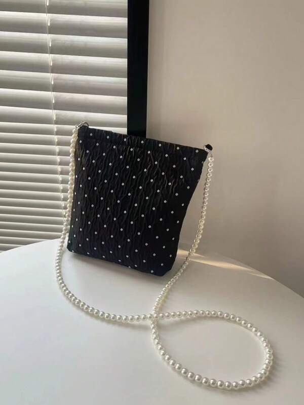 Black & White Pearl Chain Strap Shoulder Crossbody Bag, Women Fashion Minimalist Versatile Phone Pouch Purse, A Gift For Girlfriend