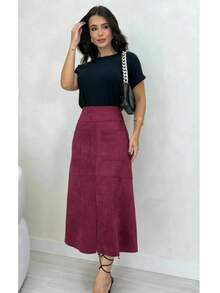 WOMEN'S SUEDE SKIRT WITH ZIPPER AND POCKET. STYLE AND ELEGANCE. - 酒紅色 - 查看 3