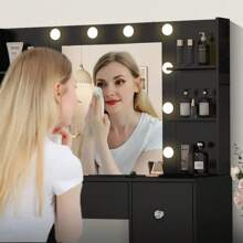 100cm Makeup Vanity Table With LED Mirror Drawers & Crystal Pull, Open Shelves Dressing Desk, Black Vanity Desk With Lighted Mirror / Led Bulbs For Bedroom