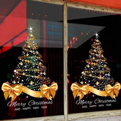 1 peça de adesivo estático para árvore de Natal dourada com laço grande, impressão UV, 2025, decoração festiva para quarto, sala de estar, janela, removível, PVC à prova d'água, reutilizável, estilo desenho animado, retangular, acabamento brilhante