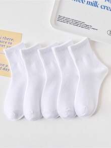 10 Pairs Kids Plain Cotton Crew Socks, Breathable Daily Casual Wear - White - View 2