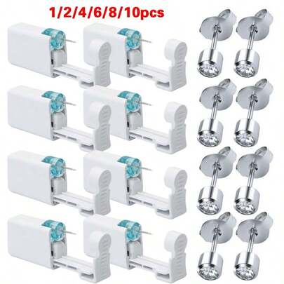 1/2/4/6/8/10pcs Disposable Ear Piercing Gun With Embedded White Rhinestone Earrings, Home Use Self-Piercing Ear Tool Kit