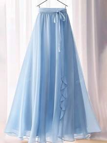 Women's Elegant Solid Color Ruffle Waist Tie Draped Maxi A-Line Long Skirt