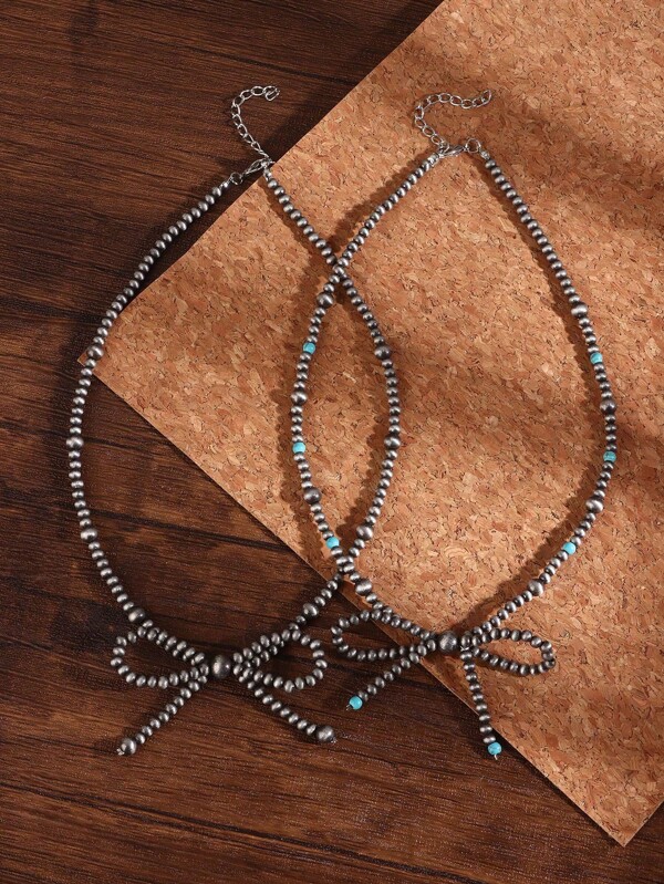 2 piezas Collar con lazo de perlas falsas, joyería occidental para mujer, collares de turquesa de vaquera