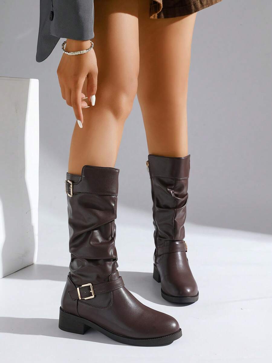 Women's Vintage British Style Brown Zipper Ankle Boots, Classic Comfort Fit, PU Leather Easy Maintenance, Insulated Lining, Versatile Foldover Calf Length Riding Boots, Ideal For Winter,Party