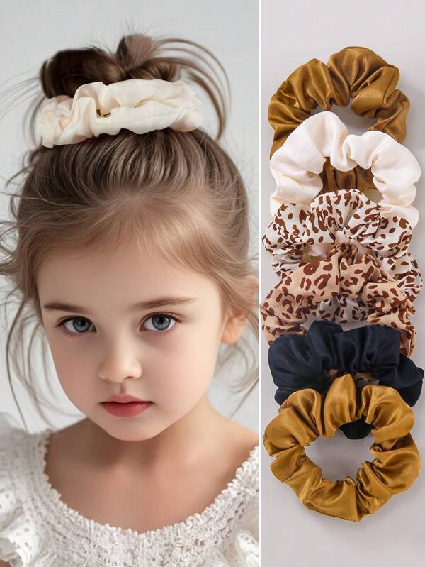 5pcs/Set Baby Girls' French Style Leopard Print & Solid Color Hair Accessories, Including Hair Scrunchies, Headbands, Hair Ties, Daily Use