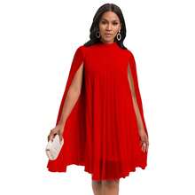 Women's Stand Collar Pleated Cape Sleeve Dress LooseKnee Length Club Dress Summer Solid Color Dress - Quả cam - Xem 6