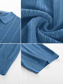 男士海军蓝短袖针织 Polo 衫 - 垂直罗纹图案 - 舒适时尚，适合日常和正式休闲穿着