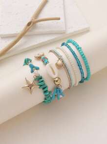 Conjunto de 2 piezas de pulsera con elementos del océano, incluyendo coral, estrella de mar, concha y talla grande elementos, joyería de moda para vacaciones de verano, viajes y festividades