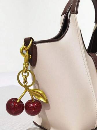1pc Plus Size Cherry Keychain, Gold Leaf And Lobster Clasp, Shiny Resin Cherry Charm Pendant, Suitable For Women Fashion Bag Decor Backpack For School