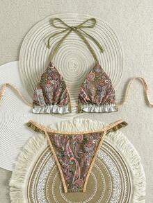 Women's Sexy Spaghetti Strap Paisley Print Ruffle Trim Bikini Set, High Stretch Swimwear, Cute 2 Pieces Swimsuit - Brown - View 3