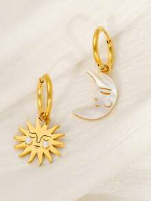 不锈钢月亮和太阳耳环，优雅的钛钢环状耳环，18K 镀金