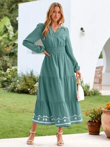 Womens Boho Maxi Dress V Neck Empire Waist Long Flowy Dress Long Sleeve Swiss Dot With Pockets 2025 - màu xanh mòng két - Xem 5
