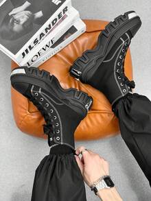 SLnU3 Men's Fashionable Thick Sole Boots, Casual Punk Style College Outdoor Fabric Rivet Inlaid Cool College Outdoor All Season Stylish - Black - View 5