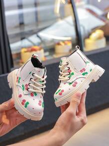 زوج من بوت الأطفال بسحاب جانبي ذات طباعة كرزية، مريحة وقوية ضد البلى بدون بطانة حرارية مناسبة للاستخدام الداخلي والخارجي، موضة للبنات