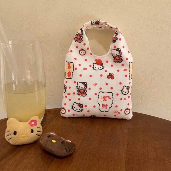 Sanrio 1 Peça Sacola de Lona com Gato KT, Bolsa de Mão Mini Fofa de Gato Porta-Moedas, Bolsa de Ombro de Estudante