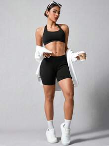 NcmRyu Conjunto de Sutiã Esportivo e Shorts Elástico Sem Costura Sexy Decotado nas Costas para Mulheres - Preto - Visão 7