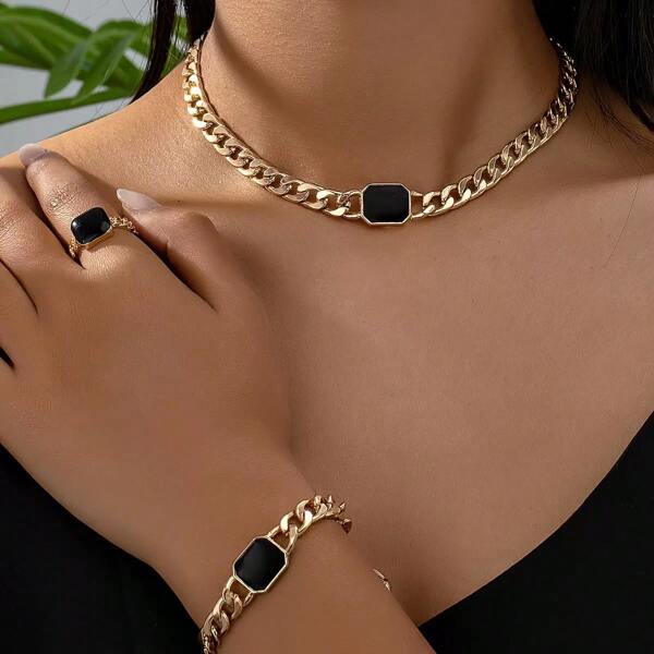 3 Piece Fashion Geometric Necklace, Bracelet & Ring Set For Women