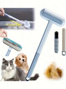 Brosse double-action pour enlever les poils d'animaux - lavable et réutilisable, idéale pour les poils de chien sur les tapis et les canapés, outil de nettoyage facile avec des poils bleus et gris, manche en plastique durable, outil pour retirer les poils d'animaux