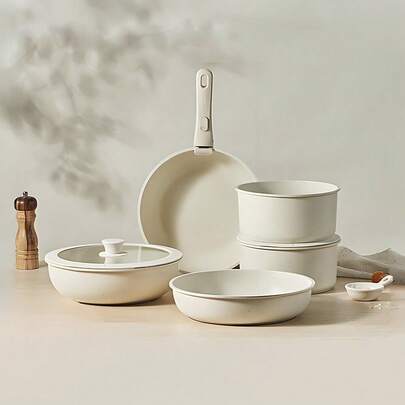 5/11pcs Pots And Pans Sets Non Stick, Kitchen Cookware Sets, Induction Pan Set For RV Set, Pans With Detachable Handle, Granite White, Oven Friendly