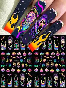 Calcomanías de arte de uñas para Halloween, calabaza degradada, máscaras de horror, diseños adhesivos 3D de telarañas y murciélagos para decorar las uñas (2 hojas)