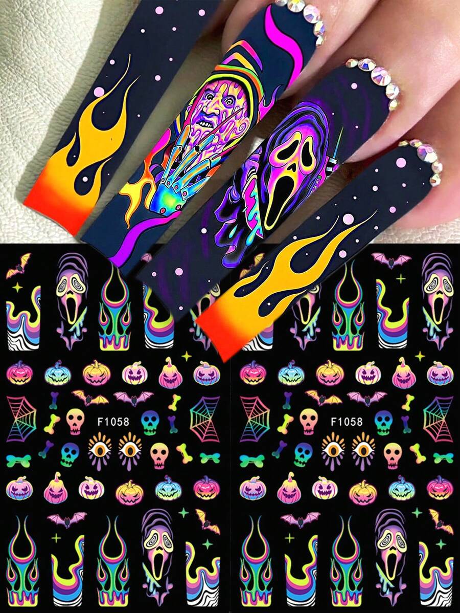 Calcomanías de arte de uñas para Halloween, calabaza degradada, máscaras de horror, diseños adhesivos 3D de telarañas y murciélagos para decorar las uñas (2 hojas)