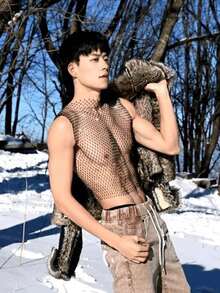 1 件男士性感水钻镶嵌渔网镂空背心，网眼透视俱乐部装，闪亮夜店派对背心，也适合女士