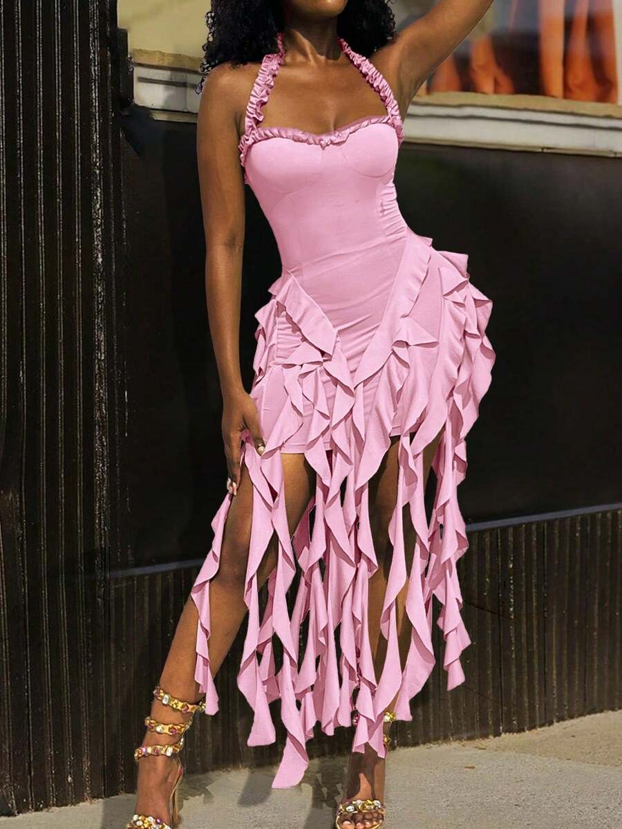 Women Summer Sexy Strapless Midi Ruffles Bodycon Dress Solid Color Stretch Slit Slim Party Cocktail Dresses New Year And Valentine Day Outfits - 粉色 - 查看 1