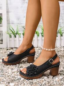 New Summer Fashion Casual Hollow-Out Breathable Women French Style High Heel Sandals - Black - View 4