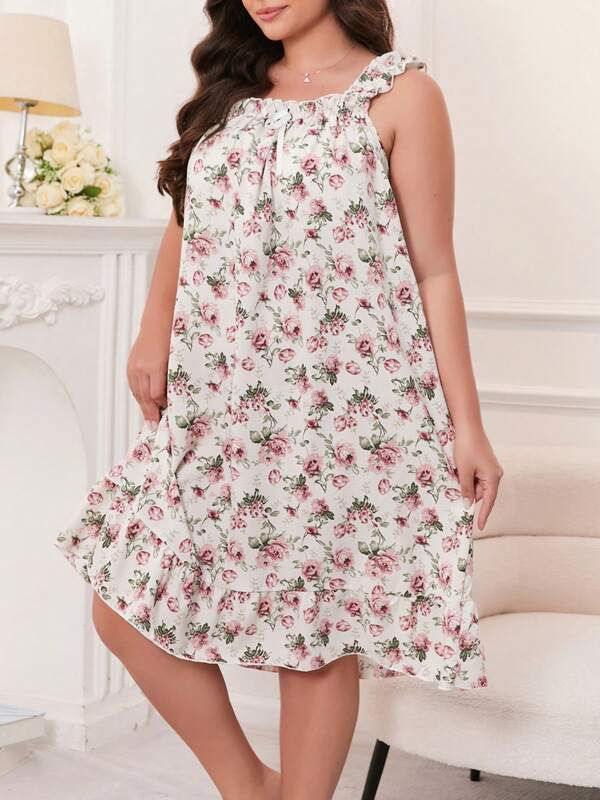 Plus Size Women's Tropical Floral Rose Bow Ruffle Trim Casual Sleeveless Midi Nightgown With Chest Pads