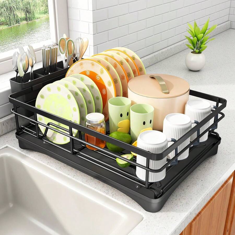 Escurridor De Platos De Acero Inoxidable Para Encimera De Cocina, Escurridor De Platos De Gran Capacidad Con Soporte Para Cubiertos, Organizador De Cocina Para Platos, Cucharas Y Tenedores, Color - Dark Grey - View 1
