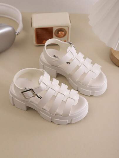 夏季新款圆头编织装饰设计女童户外凉鞋，防滑耐穿，时尚优雅儿童高跟罗马凉鞋