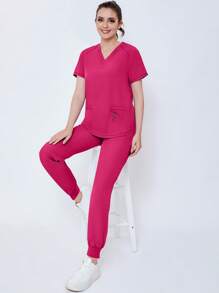 2-Piece Women's Solid Color Matte  Health Work Suit - Elastic And Breathable  Uniform With V-Neck Short-Sleeved Top And Drawstring Pants, Functional Pockets - Machine Washable, Durable, Suitable For Health Professionals - 玫紅色 - 查看 6