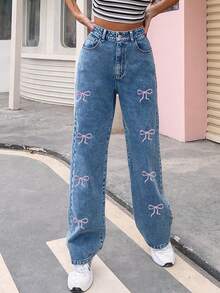 Women Classic Casual Straight Leg Jeans With Butterfly Embroidery, Versatile For Spring/Summer, Suitable For Casual, Holiday, Birthday, Party, Travel, Stage Performance, Airport
