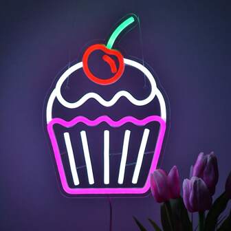 1 pièce Enseigne au néon LED délicieuse, vibrante et lumineuse en forme de cupcake fondant avec cerise - Décoration pour enseigne de boulangerie, fêtes d'anniversaire, cuisines, maison, café, boutique de desserts, chambre, fête. Espace instagrammable pour l'art mural 7,36''*10,59''