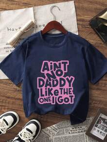 1pc Tween Girl Casual Printed Short Sleeve T-Shirt, Comfortable & Fashionable Student Wear, Summer Top - Navy Blue - View 3