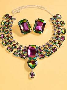3 Piecesset Stonefans Opulent Large Necklace Earring Set Boho Party Wedding Set Statement Oversized Costume Necklace Gift