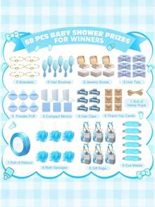 74/68Pcs Gender Disclosure Prizes For Game Winners Gender Disclosure Favors Gifts Including Headband Hair Brush Jewelry Box With Bracelet Mirror Powder Puff Hair Tie Hair Claw Bath Sponges Gift Bags - 彩色 - 查看 14