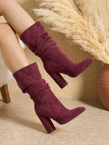 女式黑色亮石纹理皮革靴，尖头粗跟中筒靴，秋冬 - 酒紅色 - 查看 3