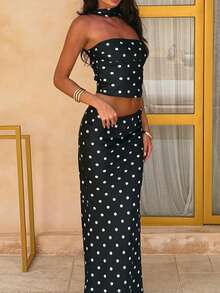 Cute And Sexy Women's Polka Dot Halter Neck Two Pieces Skirt Set High Stretch Bandeau Crop Top And Maxi Skirt For Party Clubwear And Casual Outings