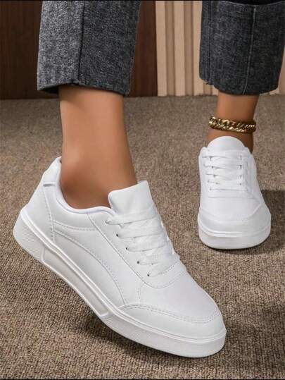 Women's Minimalist Flat White Sneakers With Decorative Detailing And Lace-Up, Casual And Sporty Style, Versatile Shoes For Women