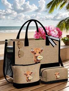 可爱高地牛捧花主题手提包套装，包含一个手提包、一个零钱包和一个方包，采用花朵和高地牛图案的小牛皮设计，大容量手提包、单肩包、亚麻购物袋、沙滩包；化妆包、指甲油收纳袋、可爱款式充电器收纳，适合度假、工作、通勤、上学、返校、商务旅行、生日礼物、教师节礼物、返校礼物。 - 彩色 - 查看 8