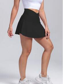 Chic 2-In-1 High-Waist Tennis Skirt With Inner Pocket Shorts - Perfect For Golf, Yoga, & Sports Activewear - 黑色 - 查看 3