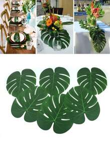 10 pièces - Décorations de fête de feuilles tropicales artificielles, fausses feuilles vertes tropicales pour décorations de fête, thème de fête de la jungle et de la plage, décorations de table de feuilles